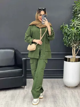 مانتو و شلوار آستین بندی دو جیب پاکتی