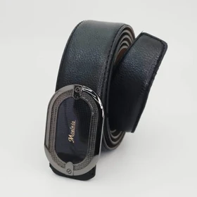 کمربند مردانه چرم مصنوعی (فوم) دور دوخت با سگک استیل شیشه‌ای کد 30599س (مشکی سگک مشکی ام کال نیو)