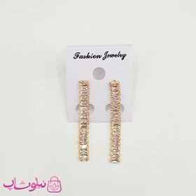 گوشواره زنانه مدل تنیسی طلایی با نگین باگتی سفید کد 190