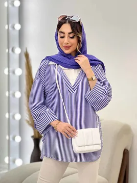 شومیز راه راه ترکیبی جلو بسته