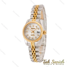 ساعت رولکس زنانه دو رنگ طلایی صفحه طرح دار ایندکس نگین Rolex-5030-M-L