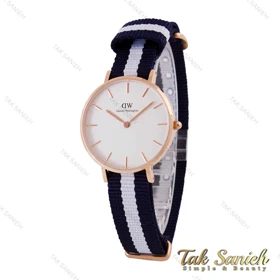 ساعت دنیل ولینگتون زنانه رزگلد صفحه مشکی بند برزنت سرمه ای سفید DW-4976-L