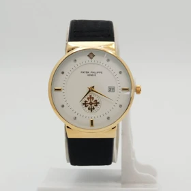 ساعت مچی زنانه پتک فیلیپ Patek Philippe موتور کوارتز باکیفیت و طراحی زیبا (بند مشکی صفحه سفید قاب طلایی)