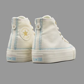 کانورس پلتفرم سفید طلایی گلدوزی ساق‌دار Converse Platform White Gold Embroidery Hightop