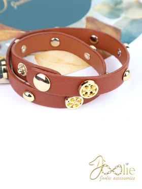 دستبند چرمی زنانه دو لاین کد B2123 (عسلی)