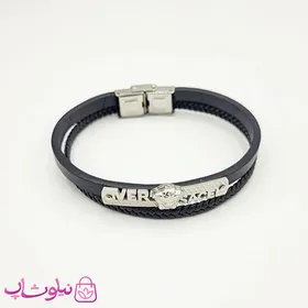 دستبند مردانه چرم با پلاک ورساچه مشکی نقره ای استیل