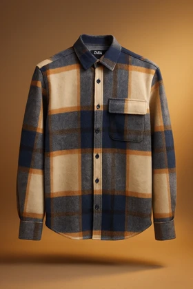 پیراهن پشمی چهارخونه با پارچه برس‌خورده نرم باترکیب رنگ آبی‌سرمه‌ای با ته مایه های رنگ کرم نارنجی – کد 894