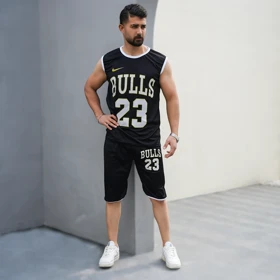 ست رکابی شلوارک مشکی مردانه مدل bulls 23