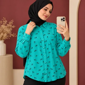 شومیز وارداتی نخ تایلندی مدل ساریکا کد 6076 (فیروزه ای)