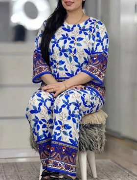 بلوز و شلوار نخی شیوان 7594 (آبی)