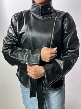 کت چرم یقه دکمه کد 100155 (مشکی)