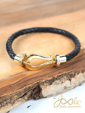 دستبند زنانه چرمی نگین‌دار کد B2223 (مشکی)