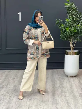 ست مانتو و شلوار طرح دار آستین پاکتی