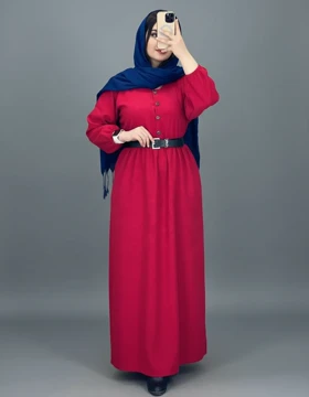 پیراهن مخمل مانتویی جلو دکمه 7308 (قرمز)