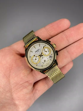 ساعت مچی سیکو فول دیت بند حصیری طلایی صفحه سفید Seiko VIP