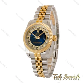 ساعت رولکس زنانه دورنگ طلایی صفحه آبی ایندکس رومی مدیوم Rolex-5111-M-L