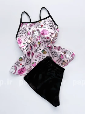 ست لباس خواب تاپ و شورتک ساتن طرح تک شاخ