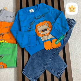 بلوز شلوار جین پسرانه کیفیت عالی برند FIBILO طرح شیر مناسب 1 تا 4 سال