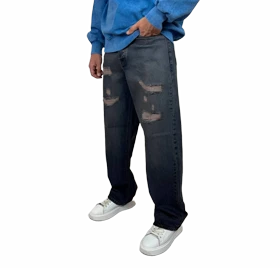 شلوار جین زاپ‌دار بگ مردانه سرمه ای با شست آبی