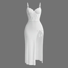 لباس خواب بلند فنردار گیپور و تور سفید لاوین 4235