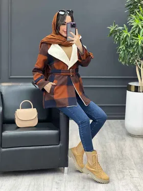 پالتو چهارخونه یقه خز