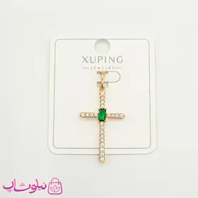 پلاک زنانه ژوپینگ مدل صلیب نگین سبز کد 1191