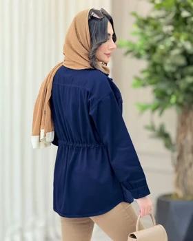 مانتو کتان کمرگت سرجیب مثلثی