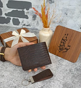 ست هدیه چرم کیف پول چرم جیبی مردانه چرم طبیعی 2لت طرح لیزارد