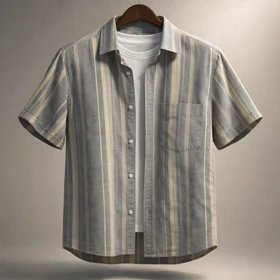 «پیراهن آستین کوتاه راه راه طوسی–کرم مه نقره‌ای»