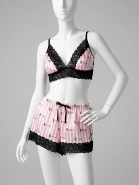 ست لباس خواب نیم‌تنه بند ضربردی و شورتک ساتن و گیپور