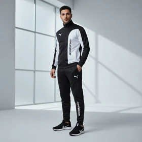 ست سویشرت شلوار مردانه مشکی مدل MotorSport+ کفش ورزشی مردانه Nike مدل Tigo زیره سفید