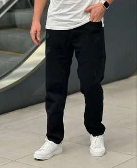 شلوار بوی فرند مشکی مردانه پارچه جین کجراه سنگشور