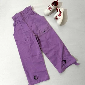 شلوار کتان بگ پایین بنددار دخترانه بنفش و مشکی