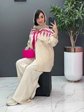 مانتو لینن گلدوزی آستین ریش