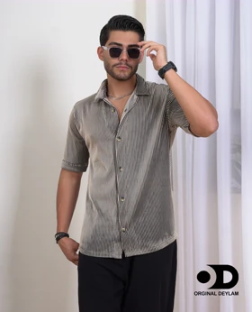 پیراهن لش باکسی مردانه یقه انگلیسی وارداتی پارچه کرکره ای اعلا رنگ کرم قهوه ای