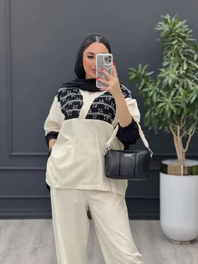 ست مانتو شلوار دو رنگ یقه هفت