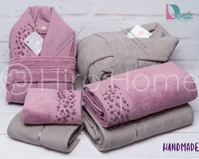 حوله ست دو نفره HANDMADE شکوفه رنگ یاسی تیره و فیلی