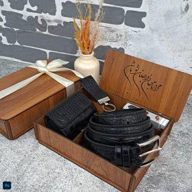 ست هدیه چرم طبیعی مردانه کمربند و جاکارتی مدل 3 تیکه روکو مشکی