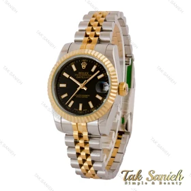 ساعت رولکس زنانه دو رنگ طلایی صفحه مشکی ایندکس خطی Rolex-5020-M-L