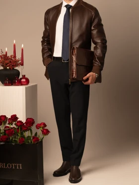 کاپشن چرم طبیعی قهوه ای کلاسیک کارلوتی کد j196