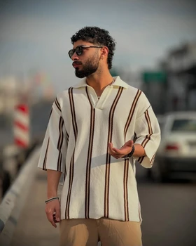 تی‌شرت بافت آستین سه ربع یقه دار