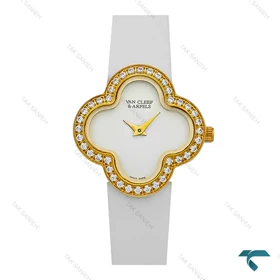 ساعت ون کلیف Alhambra زنانه بند چرم سفید دورنگین VanCleef-7984-L