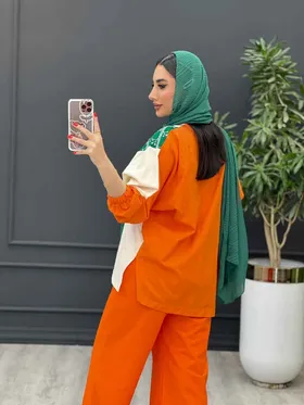 ست مانتو شلوار دو رنگ یقه هفت