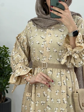 پیراهن مانتویی بلند گلبرگ به همراه کمربند