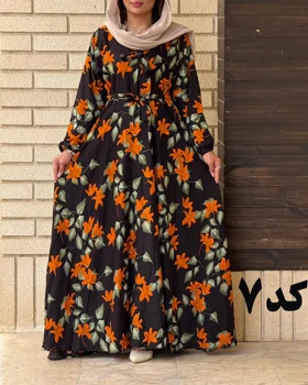 پیراهن نخی کلوش طرح دار 7169