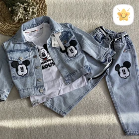 3 تکه کت شلوار جین دخترانه مدل میکی موس 2تا 9 سال کیفیت بی نظیر