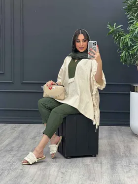 ست مانتو و شلوار لینن پانچ بغل ریش