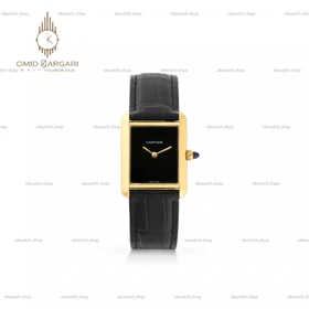 ساعت مچی کارتیه تانک زنانه صفحه مهندسی مشکی قاب طلایی Cartier Tank