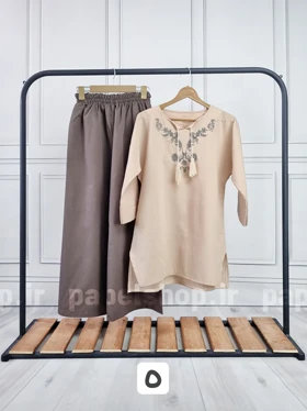 ست تونیک و شلوار لینن یقه گلدوزی
