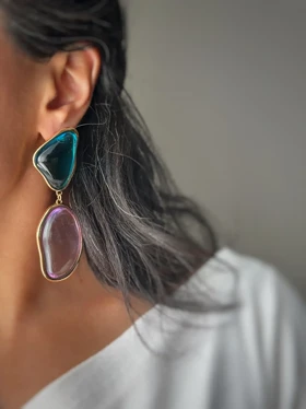 گوشواره میخی رنگی شفاف 2 تکه